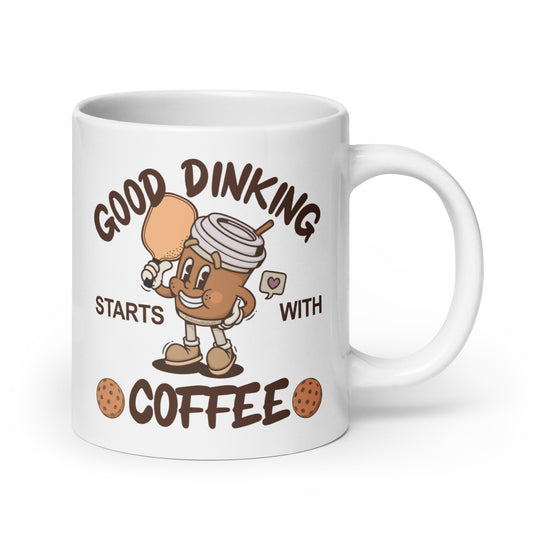 Fun Puns on Pickleball Coffee White Glossy Mug, "Good Dinking Starts With Coffee"
