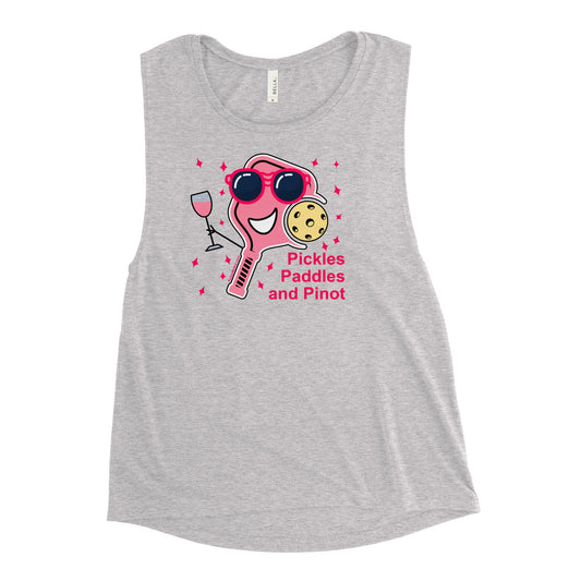 Ladies’  Pickleball Muscle Tank Wine Pun, "Pickles, Paddles, and Pinot."