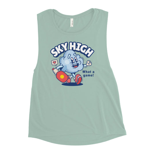 Ladies’  Pickleball Muscle Tank, "I'm Sky High, What A Game"