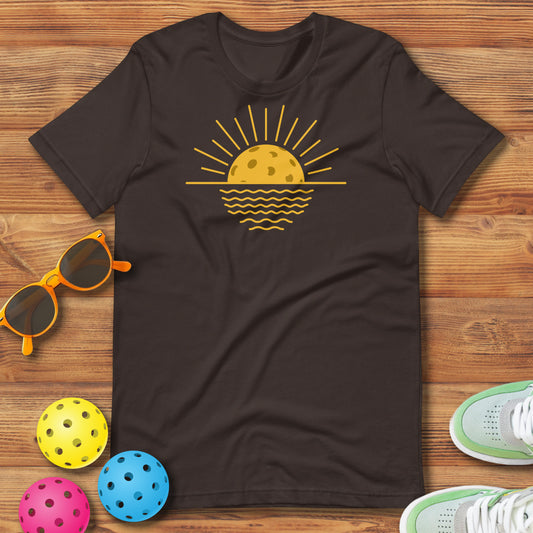 Fun Pickleball Sunrise Graphic: "Simple Yellow Line Drawing," Womens Unisex T-Shirt