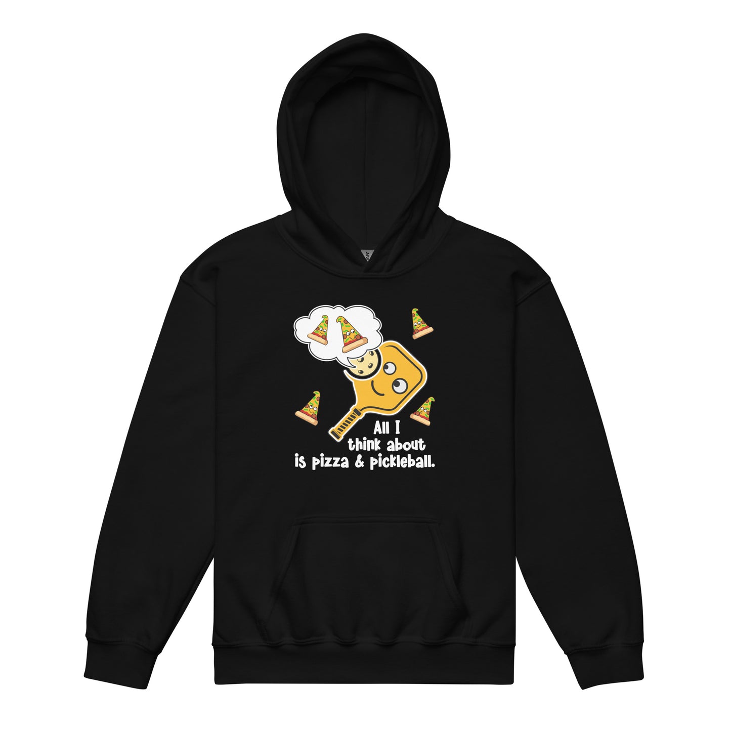 Fun Pickleball Pun: "All I Think About Is Pizza And Pickleball" Youth Heavy Blend Hoodie