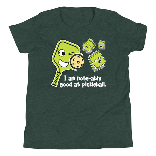 Fun Pickleball Pun: "I Am Note-Ably Good At Pickleball," Youth Short Sleeve T-Shirt