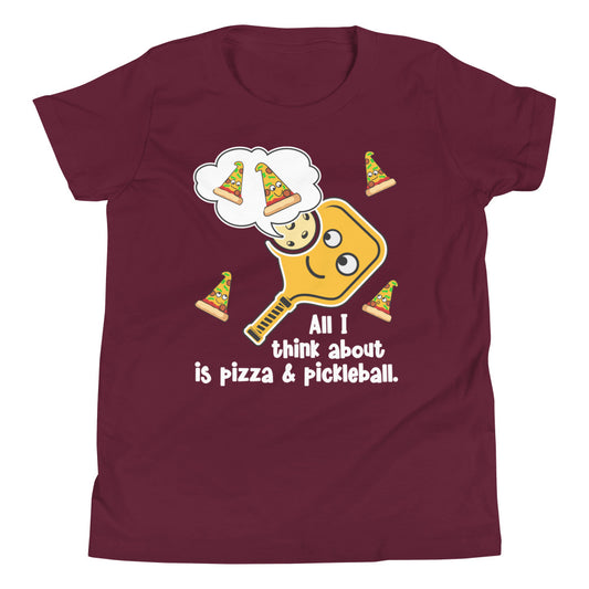 Fun Pickleball Pun: "All I Think About Is Pizza And Pickleball" Youth Short Sleeve T-Shirt