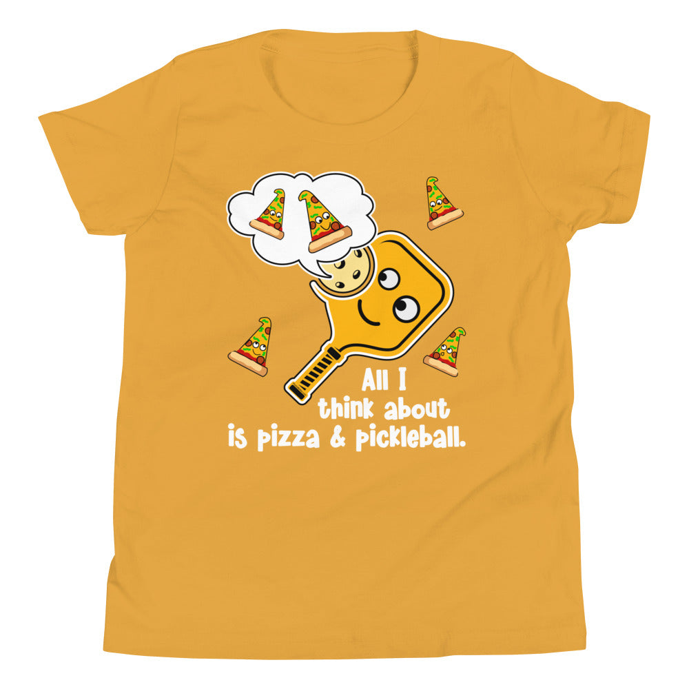 Fun Pickleball Pun: "All I Think About Is Pizza And Pickleball" Youth Short Sleeve T-Shirt